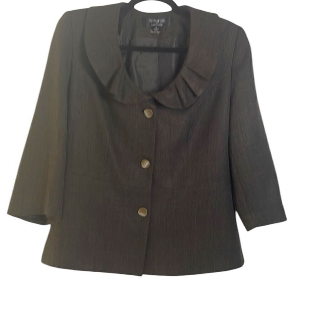 Larry Levine Ruffled Collar Blazer Jacket Size10 Brown Herringbone Tweed Career